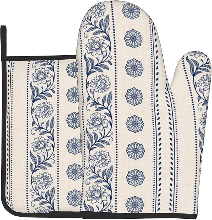 Boho Oven Mitts Set – Vintage Floral Pot Holders Kitchen Gloves for Women Bohemian Kitchen Mitts Potholders Set of 2 Durable for Cooking & Baking by DZGlobal