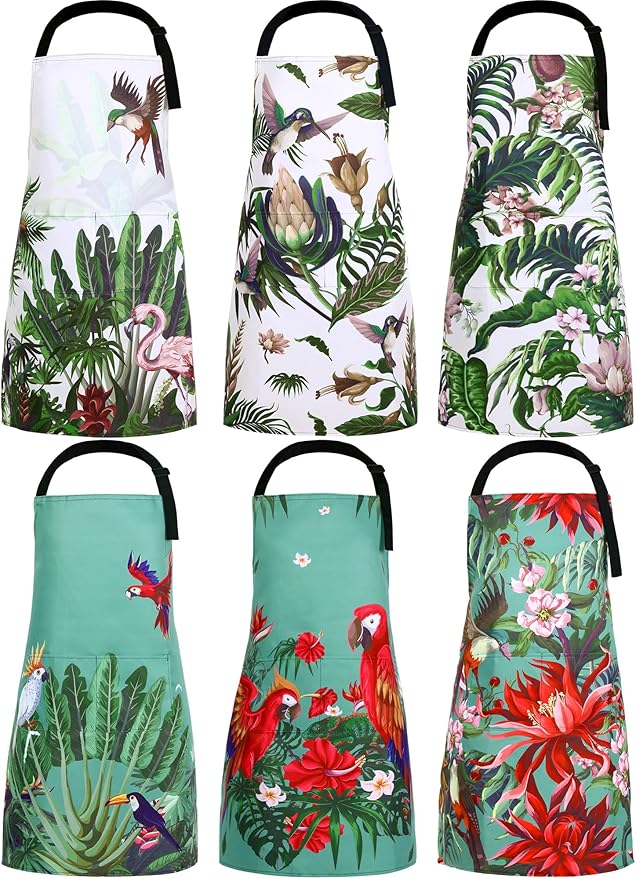 Bencailor 6 Pcs Spring Kitchen Aprons with Pockets Flower Rooster Bee Butterfly Sunflower Summer Aprons Bulk for Women(Green,Bird) by Bencailor