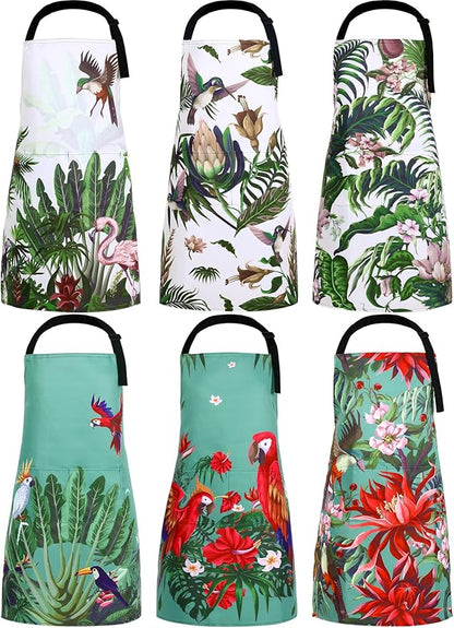 Bencailor 6 Pcs Spring Kitchen Aprons with Pockets Flower Rooster Bee Butterfly Sunflower Summer Aprons Bulk for Women(Green,Bird) by Bencailor