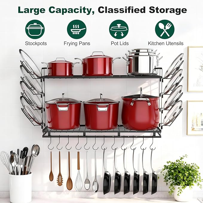 Housolution Pot Rack Wall Mounted, 22''-30'' Length Expandable, 3 Level Height Adjustable, 2 Tier Heavy Duty Hanging Cookware Pan Organizer with 12 Hooks and 8 Lid Holders - Image 2