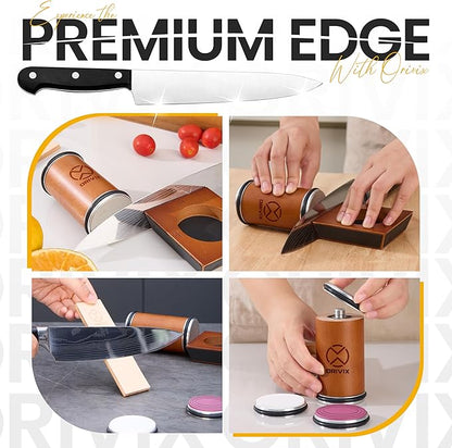 Rolling Knife Sharpener Kit – Magnetic 4-Angle Base, 3.86 Inches Longer Wooden Roller, 4 Grit Discs (1000/400 Diamond & 3000 Maroon / 6000 White Ceramic) and Leather Strop - Image 7