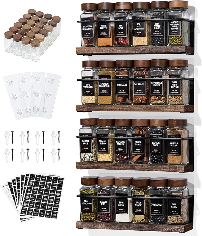 4-Tier Wall Mount Spice Rack Organizer with 24 Glass Jars, 216 Labels & Funnel - Screw/Adhesive Mount, Black Metal & Wood Spice Storage for Kitchen Pantry Cabinet, 11.6”L x 2.4”W x 3.2”H by KitHero