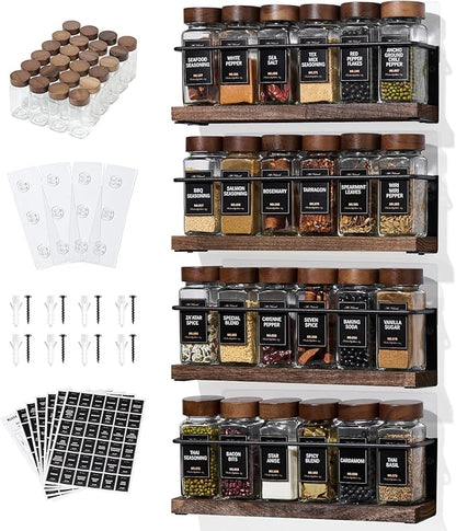 4-Tier Wall Mount Spice Rack Organizer with 24 Glass Jars, 216 Labels & Funnel - Screw/Adhesive Mount, Black Metal & Wood Spice Storage for Kitchen Pantry Cabinet, 11.6”L x 2.4”W x 3.2”H by KitHero