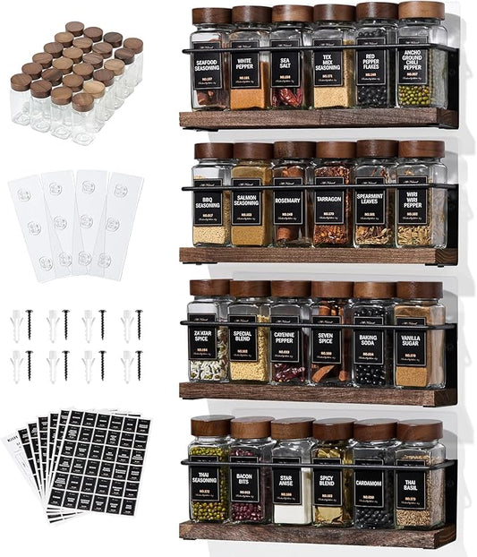 4-Tier Wall Mount Spice Rack Organizer with 24 Glass Jars, 216 Labels & Funnel - Screw/Adhesive Mount, Black Metal & Wood Spice Storage for Kitchen Pantry Cabinet, 11.6”L x 2.4”W x 3.2”H by KitHero