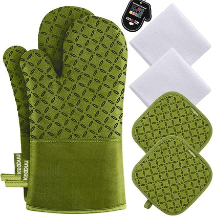 KEGOUU Oven Mitts and Pot Holders 6pcs Set, Kitchen Oven Glove High Heat Resistant 500 Degree Extra Long Oven Mitts and Potholder with Non-Slip Silicone Surface for Cooking (Olive Drab) by KEGOUUOvenMitt