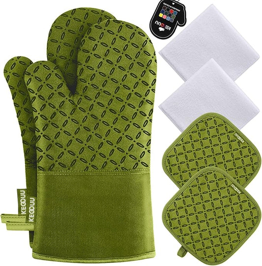 KEGOUU Oven Mitts and Pot Holders 6pcs Set, Kitchen Oven Glove High Heat Resistant 500 Degree Extra Long Oven Mitts and Potholder with Non-Slip Silicone Surface for Cooking (Olive Drab) by KEGOUUOvenMitt