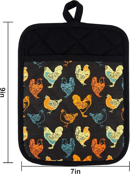 Pot Holders Set of 2 Heat Resistant 480 ℉Non Slip Clear Silicone Printed Comfortable Cotton Lining Kitchen Women Men Cooking Baking Microwave Machine Washable (Rooster, Black Potholders)