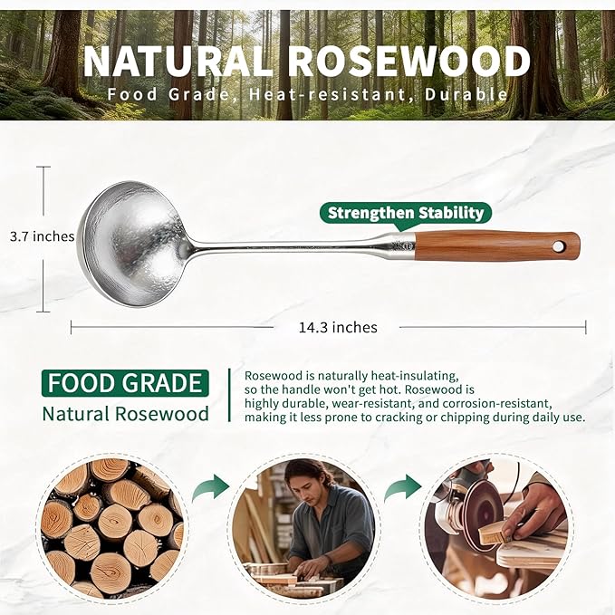 Newness Soup Ladle, [Rustproof, Heat Resistance] Resilient Pure Titanium Soup Spoon with Long Ergonomic Natural Wooden Round Handle, Non-Toxic Cooking Spoon for Kitchen, 14.56 Inches - Image 4