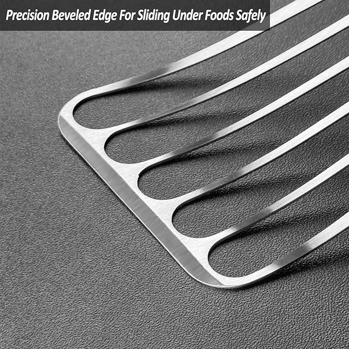 2 Pack Fish Spatula Turner, Stainless Steel Slotted Spatulas for Flipping, Turning, Frying & Grilling, 3"x6"+4"x8" Metal Slotted Spatulas, Wooden Full Tang Handle & Curved Blade - Image 3