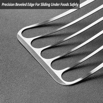 2 Pack Fish Spatula Turner, Stainless Steel Slotted Spatulas for Flipping, Turning, Frying & Grilling, 3"x6"+4"x8" Metal Slotted Spatulas, Wooden Full Tang Handle & Curved Blade - Image 3