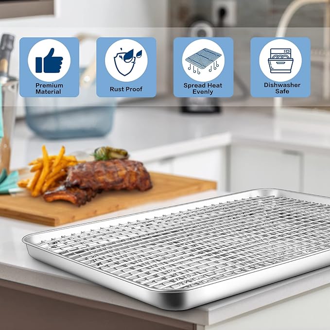17.5 Inch Baking Sheet Pan with Cooling Rack Set, Joyfair Stainless Steel Toaster Oven Tray Pans with Grid Racks, Rectangular Bakeware for Cookie/Bacon, Heavy Duty & Rust-free, Dishwasher Safe