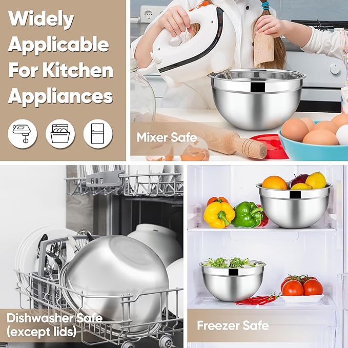 TeamFar Mixing Bowls, 4.5/3/1.5/1/0.7 QT, Stainless Steel Metal Nesting Salad Bowl with Lid Set, Ideal for Mixing Serving, Non-Toxic & Sturdy, Airtight Lid & Easy Clean, Red-Set of 5 - Image 7