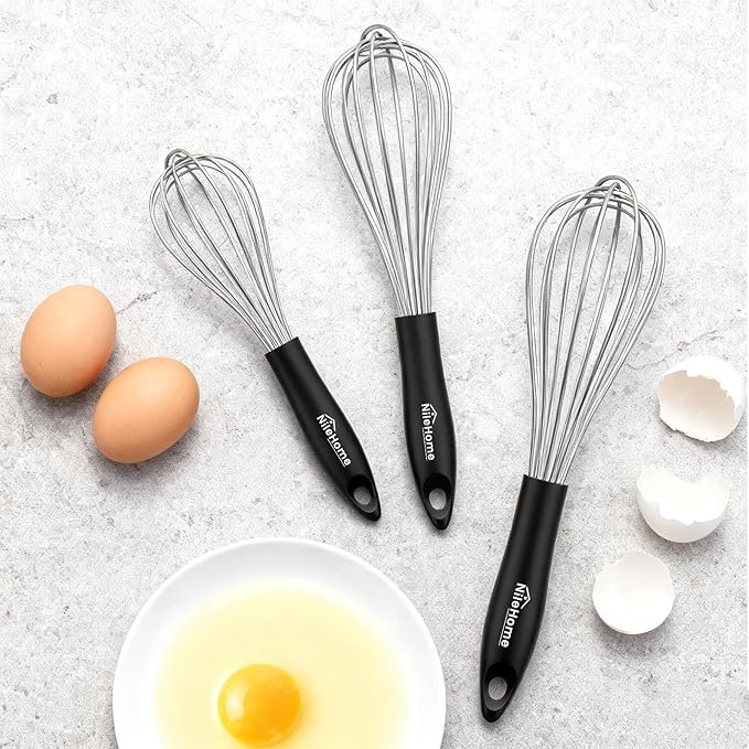 NileHome Silicone Whisk Set 8" 10" 12", 3 Pack Kitchen Whisk Kitchen Wisk Wire Whisks for Cooking, Whisking, Blending, Beating, Stirring-Black Silver - Image 6