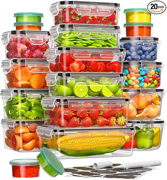40 Piece Food Storage Containers with Lids(20 Containers & 20 Lids), BPA-Free Plastic Food Containers for Kitchen Storage and Organization, Leak Proof Meal Prep Container, Includes Labels & Pen by Canfanni