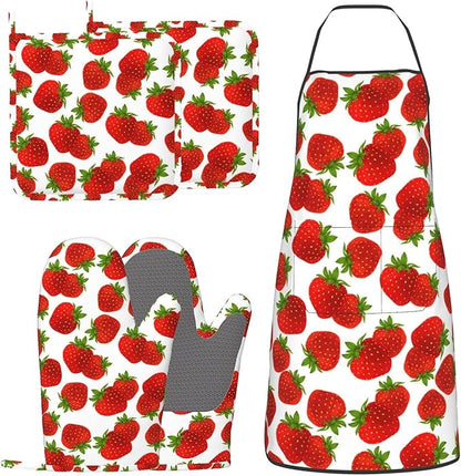 Cute Strawberry Oven Mitts Strawberries Pot Holders Cooking Apron Set of 5 Silicone Strawberry Kitchen Glove Apron Non-Slip Heat Resistant for Chef Baking Cooking Grilling BBQ
