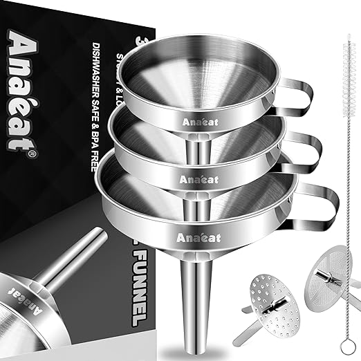 Anaeat 3 Pack Stainless Steel Kitchen Funnel Set, Multi-Use Premium Metal Food Grade Cooking Funnels with 2 Removable Strainer Filter for Transferring Liquid or Dry Ingredients & 1 Pc Cleaning Brush by Anaeat