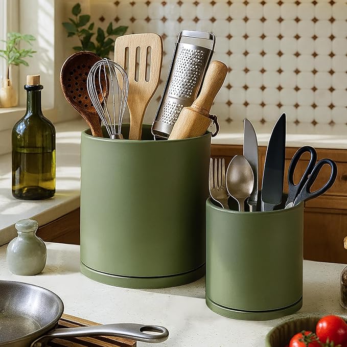 D'vine Dev 360° Rotating Utensil Holder Set – 7.2"+5" Kitchen Utensil Crocks for Countertop, Modern Cooking Tool Organizers for Kitchen Storage +Décor, Olive, Set of 2, 72-Z-C-1 - Image 5