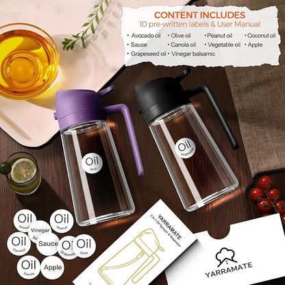 YARRAMATE 2Pcs 16oz/470ml Glass Olive Oil Sprayer for Cooking with Stickers, 2 in 1 Oil Dispenser for Kitchen Gadgets, Food Grade Premium Spray Bottle with Portion Control for Salad, BBQ(Black&Purple) - Image 2