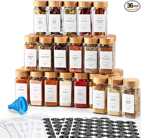 DWTS DANWEITESI 36 Pcs Glass Spice Jars - 4oz With Bamboo Lids, Empty Bottles With Labels, Kitchen Spice Jars With Shaker Lids by DWTSDANWEITESI