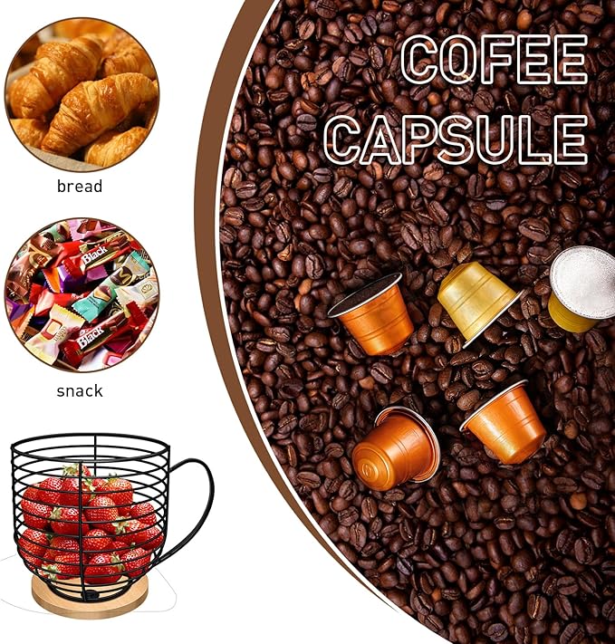BYTEAIDREX Coffee Pod Holders for Counter - K Cup Holders for Counter - Coffee Pods Storage Organizer - Bar Accessories - Large Capacity Black Wire Kup Storage with Wooden Base. - Image 4