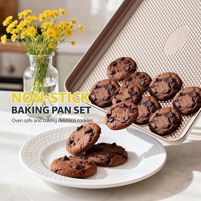 3Pcs Baking Sheet Pan Set, Large Nonstick Cookie Sheets Set, Jelly Roll Pans, Heavy Duty Carbon Steel Cookies Sheet for Oven, Diamond Texture, Gold - Image 3