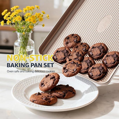 3Pcs Baking Sheet Pan Set, Large Nonstick Cookie Sheets Set, Jelly Roll Pans, Heavy Duty Carbon Steel Cookies Sheet for Oven, Diamond Texture, Gold - Image 3