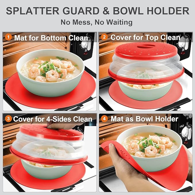 2 in 1, Aidacom Microwave Splatter Cover for Food & Silicone Microwave Mat, Mat as Bowl Holder, Trivet, Pot Holders, Drying, Baking, Utensils Rest for Kitchen Counter, Dishwasher Safe, Red - Image 2