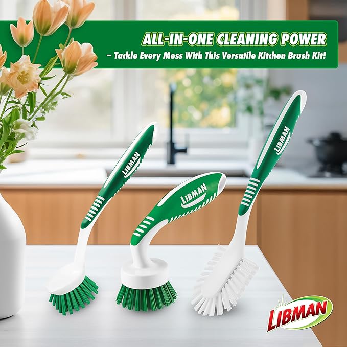 Libman Green & White Cleaning Brush Kit, 3-Piece Set, All-Purpose Brushes for Kitchen, Basins, Sinks, Dishwashers - Image 2