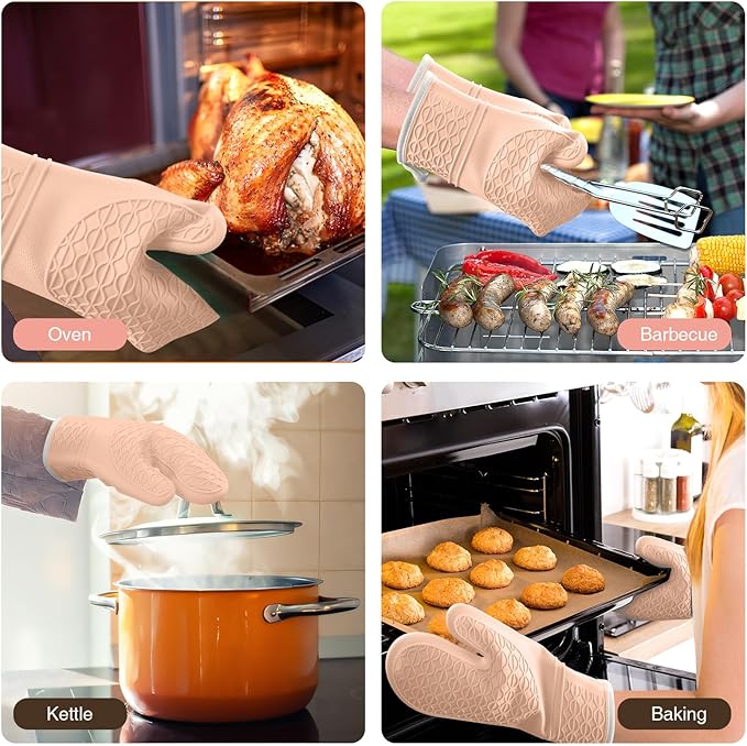 Silicone Oven Mitts, Heat Resistant 2PCS Oven Mitts with Soft Cotton Lining, Waterproof Non-Slip Grip Oven Glove, Kitchen Potholder Mits for BBQ, Baking, Cooking, 12.5 Inch - Pink - Image 6