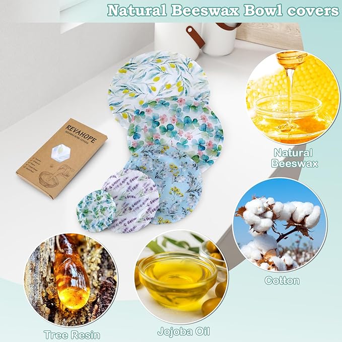 5-Size Reusable Beeswax Bowl Covers for Bread Proofing, Cotton Cloth Flexible Beeswax Wraps for Food Storage(Olive Branch) - Image 3