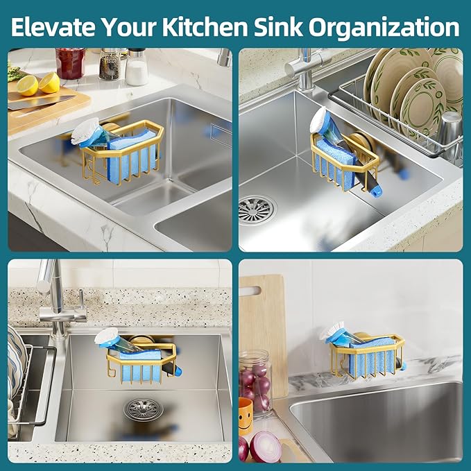 TAILI Sponge Holder for Kitchen Sink with Strong Suction Cup Removable, Rustproof Aluminum Sink Caddy for Sponge, Brush, Scrubber, Scraper -Gold - Image 6