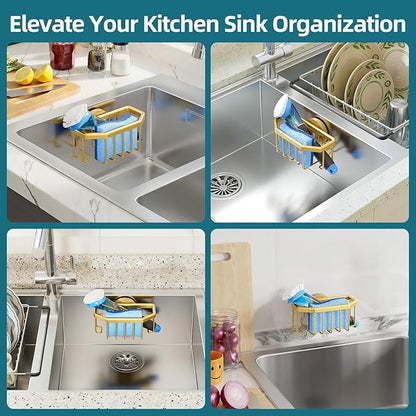 TAILI Sponge Holder for Kitchen Sink with Strong Suction Cup Removable, Rustproof Aluminum Sink Caddy for Sponge, Brush, Scrubber, Scraper -Gold - Image 6