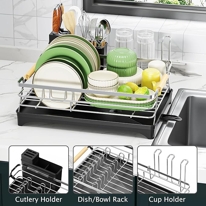 Epicano Dish Drying Rack for Kitchen Counter,Space-Saving Dish Rack,Rustproof Dish Drainer with Utensil Holder and Knife Slots for Sink,Kitchen Drying Rack with Wooden Handle and Cup Holder, Silver - Image 3
