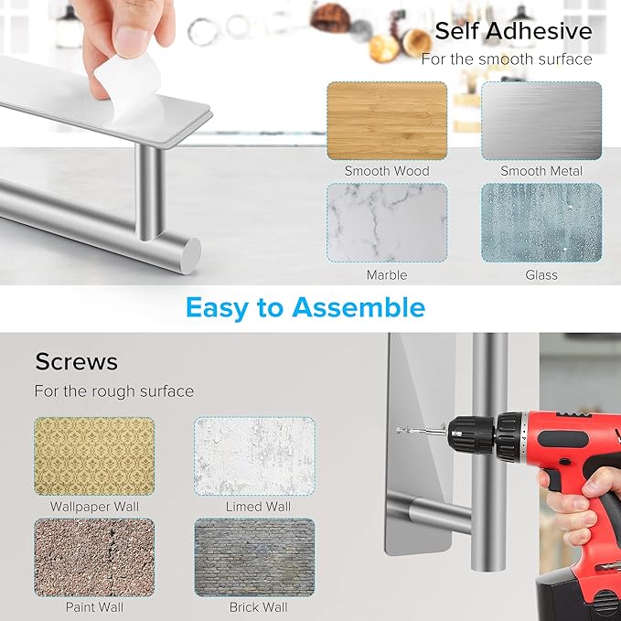 2nd Gen Paper Towel Holder Under Cabinet No Drilling, [More Sturdy] Self Adhesive or Drilling Paper Towel Holder Wall Mount for Kitchen, RV, [Fit Mega Paper Towel Roll] SUS304 Stainless Steel - Image 4