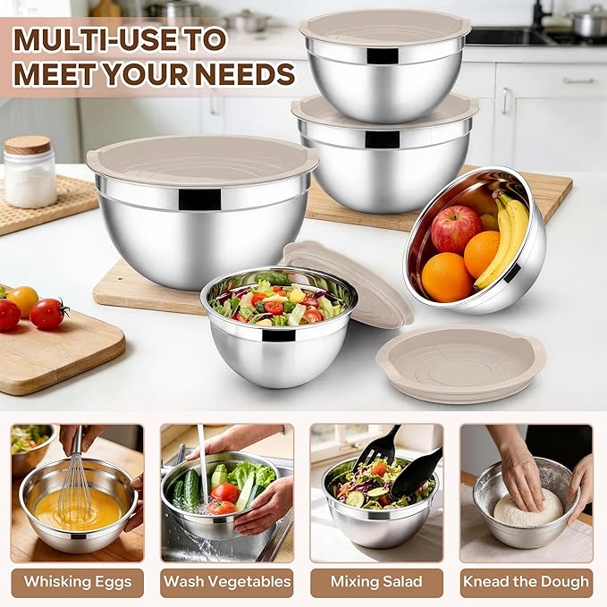 E-far Mixing Bowls With Lids Sets of 5, 10-Piece Stainless Steel Salad Metal Nesting Bowl for Baking Cooking and Prepping, Airtight Lid & Stackable Design, Size 4.6, 3, 2.1, 1.5, 0.7 QT, Khaki - Image 5