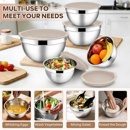 E-far Mixing Bowls With Lids Sets of 5, 10-Piece Stainless Steel Salad Metal Nesting Bowl for Baking Cooking and Prepping, Airtight Lid & Stackable Design, Size 4.6, 3, 2.1, 1.5, 0.7 QT, Khaki - Image 5