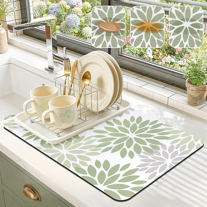 Findosom Floral Dish Drying Mat, 12" x 20" Super Absorbent & Hide Stain Coffee Mat, Cuttable Drying Mat for Kitchen Counter, Under Dish Rack, Coffee Maker, Espresso Machine, Sage Green