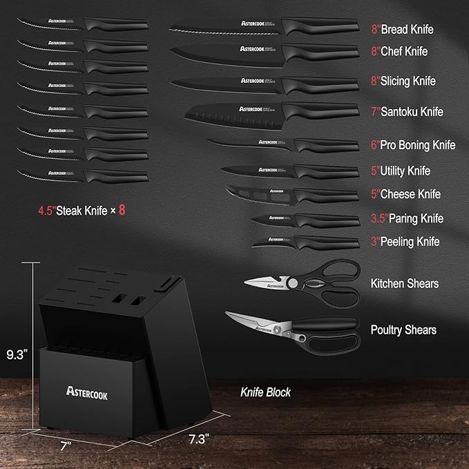 Knife Set, Astercook 21 Pieces Knife Sets for Kitchen with Block, Dishwasher Safe Kitchen Knife Set with Built-in Sharpener, German Stainless Steel Black Knife Block Set Mothers Day Gifts - Image 2