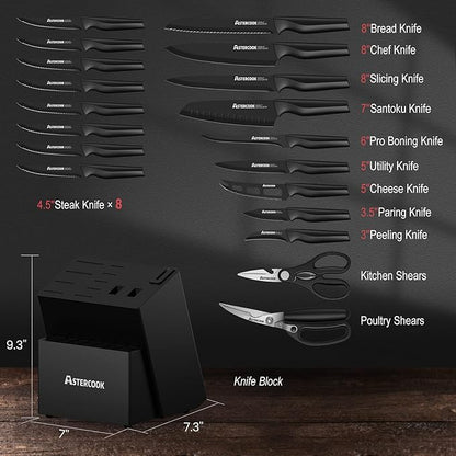 Knife Set, Astercook 21 Pieces Knife Sets for Kitchen with Block, Dishwasher Safe Kitchen Knife Set with Built-in Sharpener, German Stainless Steel Black Knife Block Set Mothers Day Gifts - Image 2
