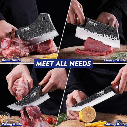 Topfeel 4PCS Meat Cleaver Set -Heavy Duty Bone Chopper & Meat Cleaver & Viking Knife & Slicing Knife, Chef Knives Set for Home Kitchen,Camping, BBQ Knives Gift for Men - Image 5
