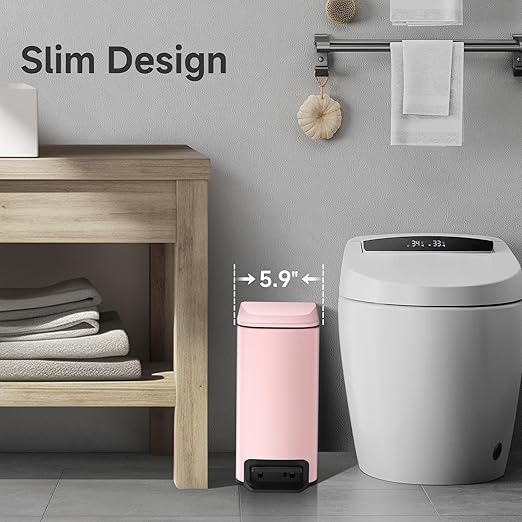 TIPGO Slim Bathroom Trash Can with Lid Soft Close, 6 Liter / 1.6 Gallon Stainless Steel Garbage with Removable Inner Bucket, Small Trash Bins for Bedroom, Office (Pink) - Image 2