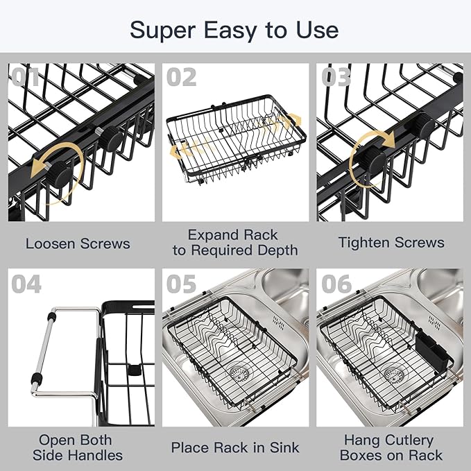 MAJALiS Expandable Stainless Steel Over The Sink Dish Drying Rack for Small Kitchen Counter Space Saving, Compact RV Plate Drainer Strainer in Black Wire Metal with Hanging Adjustable Utensil Holder - Image 10