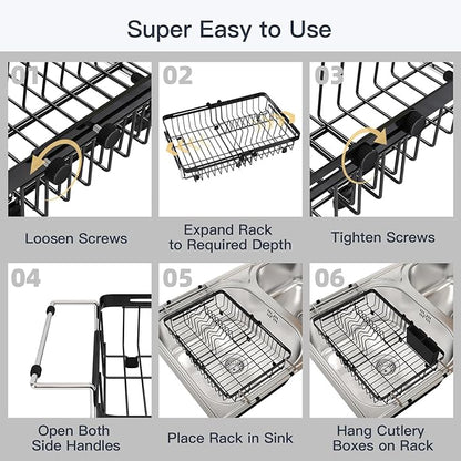 MAJALiS Expandable Stainless Steel Over The Sink Dish Drying Rack for Small Kitchen Counter Space Saving, Compact RV Plate Drainer Strainer in Black Wire Metal with Hanging Adjustable Utensil Holder - Image 10
