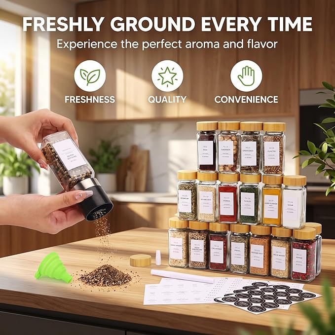 24-Pack Glass Spice Jars with Bamboo Lids, 4 Oz Clear Square Spice Containers with Airtight Seal, Spice Bottles Set with Labels, Shaker Lids and Funnel for Kitchen, Pantry Organization and Storage