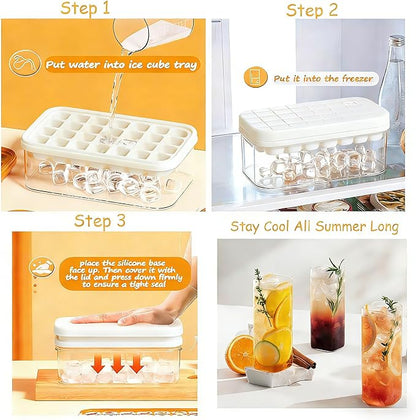 Ice Cube Tray - Freezer Ice Tray Ice Mold Ice Maker for Drinks Whiskey Beer Cocktail Coffee, Transparent Sealed Lid Design for Keep Ice Clean, With Tweezers and 2 Ice Trays Storage（White）