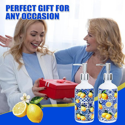 2 Pcs Blue Tiles Lemon Soap Dispenser Blue Tile Yellow Capri Lemon Glass Dispenser Hand Soap Pump Inspired Refillable Liquid Soap and Lotion Bottle Storage for Home Kitchen Bathroom Decor