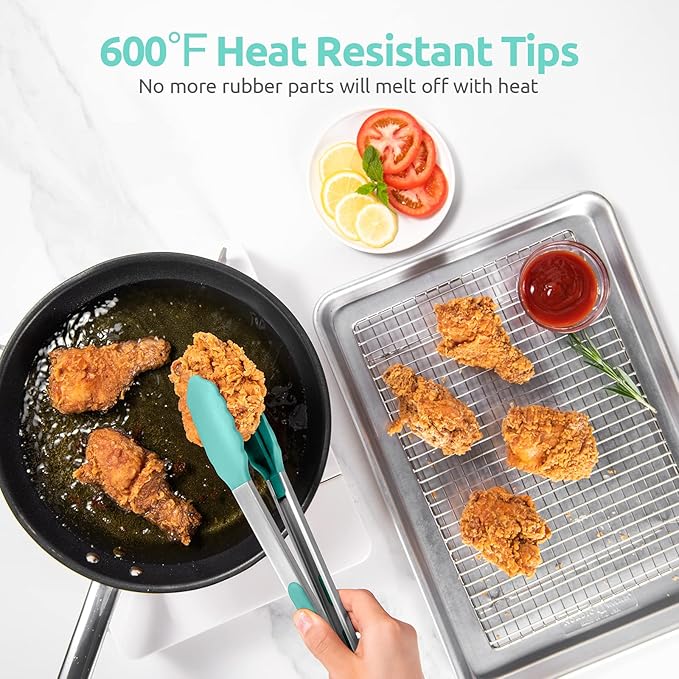 600ºF Heat Resistant Kitchen Tongs: U-Taste 12 in Large Silicone Cooking Tong with Sturdy Non Stick Rubber Tips & Silicon Coated 18/8 Stainless Steel Handle & Smooth Locking for Serving Grill-Aqua Sky - Image 3