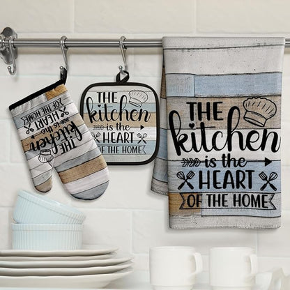 Sratte 6 Pcs Kitchen Decor Accessories Set Farmhouse Towels Pot Holders Oven Mitts Set 2 Dish Towels 2 Potholders 2 Cooking Mittens Oven Glove for Christmas Baking Cooking Supply(Brown Green,Kitchen) - Image 7