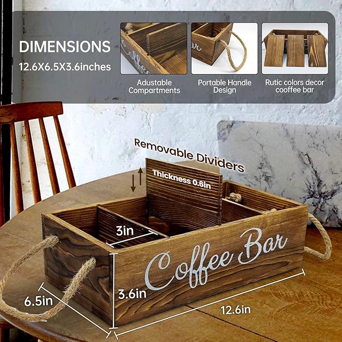 QUALLON Coffee Station Organizer with Small Removable Dividers, Wooden Coffee Bar Accessories Storage For Countertop, Farmhouse Kcup Coffee Pod Holder Basket With Handle For Coffee Lover - Image 2