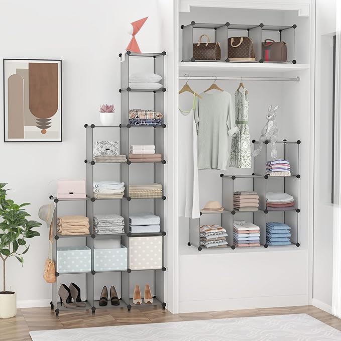 HOMIDEC Closet Organizers and Storage, 16 Cube Storage Organizer, Portable Closet Organizer Cubes Shelves for Clothes, Bedroom, Wardrobe, Kids Room, Bathroom, Grey - Image 6